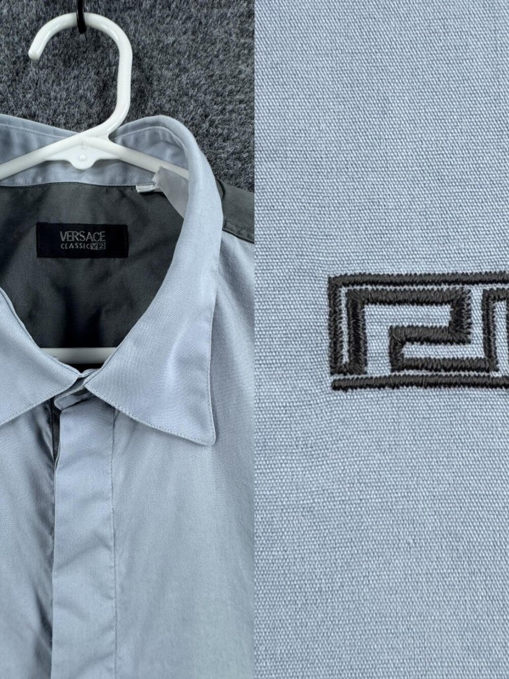 VTG Versace V2 Short Sleeve Classic XL Blue Gray Men Logo Solid Button Up Shirt